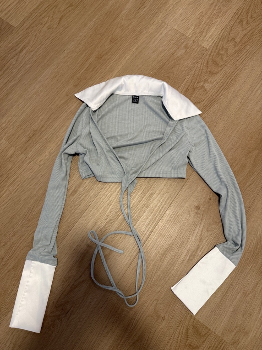 SHEIN Light Blue Cropped Wrap Top with White Collar & Cuffs